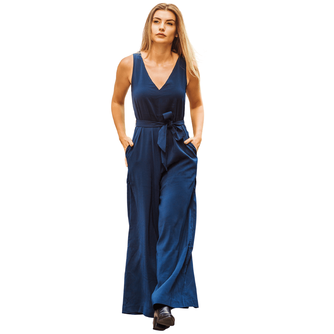 Navy Wide-Leg Belted Jumpsuit