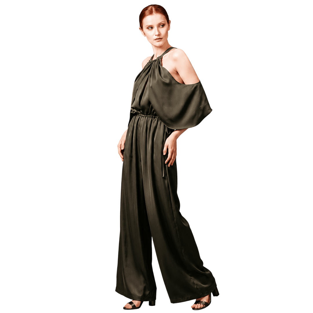 Olive Cold-Shoulder Satin Jumpsuit